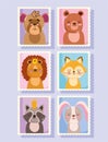 Cute animals cartoon postage mail stamps lion fox bear rabbit and raccoon