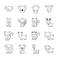 Cute animals cartoons line style collections icons vector design