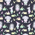 Cute animals celebrate happy birthday. Vector seamless pattern on a dark.