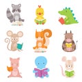 Cute Animals Characters Reading Books Set, Adorable Smart Octopus, Cow, Piglet, Squirrel, Crocodile, Chicken, Raccoon