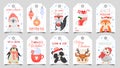 Cute animals christmas tags. Holiday gift tag with winter owl, deer and bears. Happy animal celebrate xmas label cartoon