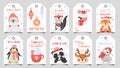 Cute animals christmas tags. Holiday gift tag with winter owl, deer and bears. Happy animal celebrate xmas label cartoon vector