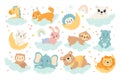 Cute animals on clouds and moons flat illustrations set. Sleepy giraffe, fox, rabbit, hippo, sloth, owl Royalty Free Stock Photo