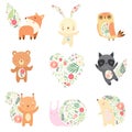 Cute Animals Decorated with Floral Seamless Pattern Set, Lovely Forest Animals Cartoon Characters Vector Illustration Royalty Free Stock Photo