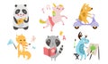 Cute Animals Different Activities Set, Adorable Humanized Animals Characters Playing Musicall Instrument, Reading Book