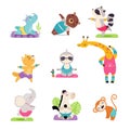 Cute animals doing yoga set. Adorable monkey, giraffe, cat, hippopotamus, elephant, horse practicing fitness exercises