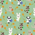 Cute animals with Easter eggs, tulips - seamless pattern