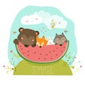 Cute animals eating watermelon slice. Hello summer Royalty Free Stock Photo