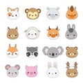 Cute animals faces. Big set of cartoon kawaii wildlife and farm animals icons Royalty Free Stock Photo