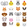 Cute animals faces. Big set of cartoon kawaii wildlife and farm animals icons Royalty Free Stock Photo