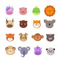 Cute animals faces. Dog and cat, cow and fox, unicorn and panda. Animal kid emoji. Kawaii zoo vector collection