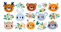 Cute animals faces. Little forest characters. Funny muzzles. Wildlife creatures heads with flowers. Deer and mouse