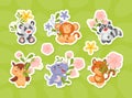 Cute Animals with Flowers on Stalk Vector Sticker Set Royalty Free Stock Photo