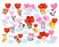 Cute animals flying with heart shaped balloons. Coala, raccoon, hippo, panda, sheep, elephant floating with red and pink Royalty Free Stock Photo