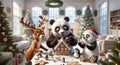 Cute animals friends making gingerbread houses, in a cozy Christmas decorated room