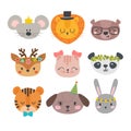 Cute animals with funny accessories. Cartoon zoo. Set of hand drawn smiling characters. Cat, lion, panda, dog, tiger, deer, bunny Royalty Free Stock Photo