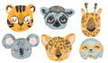 Cute animals hand draw doodle. Set of hand drawn smiling characters. Cartoon zoo. Chetah, tiger, coala, giraffe, lemur Royalty Free Stock Photo