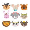 Cute animals with funny accessories. Set of hand drawn smiling characters. Cat, lion, dog, tiger, panda, deer, bunny, mouse and be Royalty Free Stock Photo