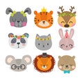 Cute animals with funny accessories. Set of hand drawn smiling characters. Cat, lion, panda, bunny, dog, tiger, deer, mouse Royalty Free Stock Photo