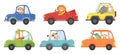 Cute animals in funny cars. Animal driver, pets vehicle and happy lion in car kid vector cartoon illustration set Royalty Free Stock Photo