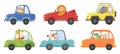 Cute animals in funny cars. Animal driver, pets vehicle and happy lion in car kid vector cartoon illustration set Royalty Free Stock Photo