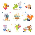 Cute Animals Gardener Working Cultivate Plants Vector Set