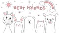 Cute animals giraffe, cat, bear, rabbit and llama best friends. Happy friendship day.