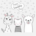 Cute animals giraffe, cat and llama best friends