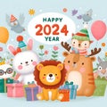 Cute animals Greeting card of new year 2024 Royalty Free Stock Photo