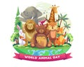 Cute Animals are happy to welcome World Animal Day. Happy Celebrate Wildlife Day. Flat Vector Illustration