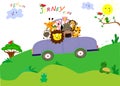 Cute animals have a nice journey by car. Fun time together. Royalty Free Stock Photo