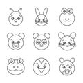 Cute animals head cartoon icons set line style Royalty Free Stock Photo