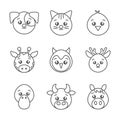 Cute animals head cartoon icons set line style Royalty Free Stock Photo