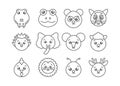 Cute animals head cartoon icons set line style Royalty Free Stock Photo