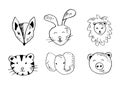 Cute animals head set, fox, cat, elephant,lion, pig and rabbit. Royalty Free Stock Photo