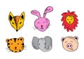 Cute animals head set, fox, cat, elephant,lion, pig and rabbit. Royalty Free Stock Photo