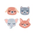 Cute animals heads with closed eyes. Cute cartoon funny character. Pet baby print collection. Scandinavian style Royalty Free Stock Photo