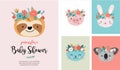 Cute animals heads with flower crown, vector illustrations for nursery design, poster, birthday greeting cards. Panda Royalty Free Stock Photo