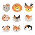 Cute Animals Heads with Flower Crown Vector Set Royalty Free Stock Photo