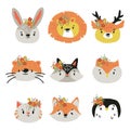 Cute Animals Heads with Flower Crown Vector Set Royalty Free Stock Photo