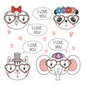 Cute animals in heart shaped glasses Royalty Free Stock Photo
