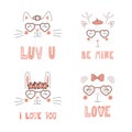 Cute animals in heart shaped glasses Royalty Free Stock Photo