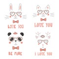 Cute animals in heart shaped glasses Royalty Free Stock Photo