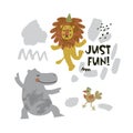 Cute animals - hippo, bird and lion dancing illustration with text Just fun! on hand drawn shapes background