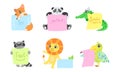 Cute Animals Holding Banners Set, Adorable Happy Cartoon Characters Standing with Blank Sheets of Paper, Fox, Panda Bear Royalty Free Stock Photo