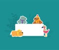 Cute Animals Holding Empty Banner, Hhippopotamus, Flamingo, Bbear and Lion Stickers with White Blank Signboard Royalty Free Stock Photo