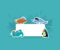 Cute Animals Holding Empty Banner, Wolf, Elephant, Penguin Stickers with White Blank Signboard Vector Illustration Royalty Free Stock Photo