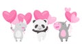 Cute Animals Holding Heart Shaped Pink Balloons Vector Illustrations Set Royalty Free Stock Photo