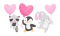 Cute Animals Holding Heart Shaped Pink Balloons Vector Illustrations Set Royalty Free Stock Photo