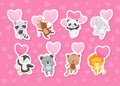 Cute Animals Holding Heart Shaped Pink Balloons Vector Sticker Set Royalty Free Stock Photo